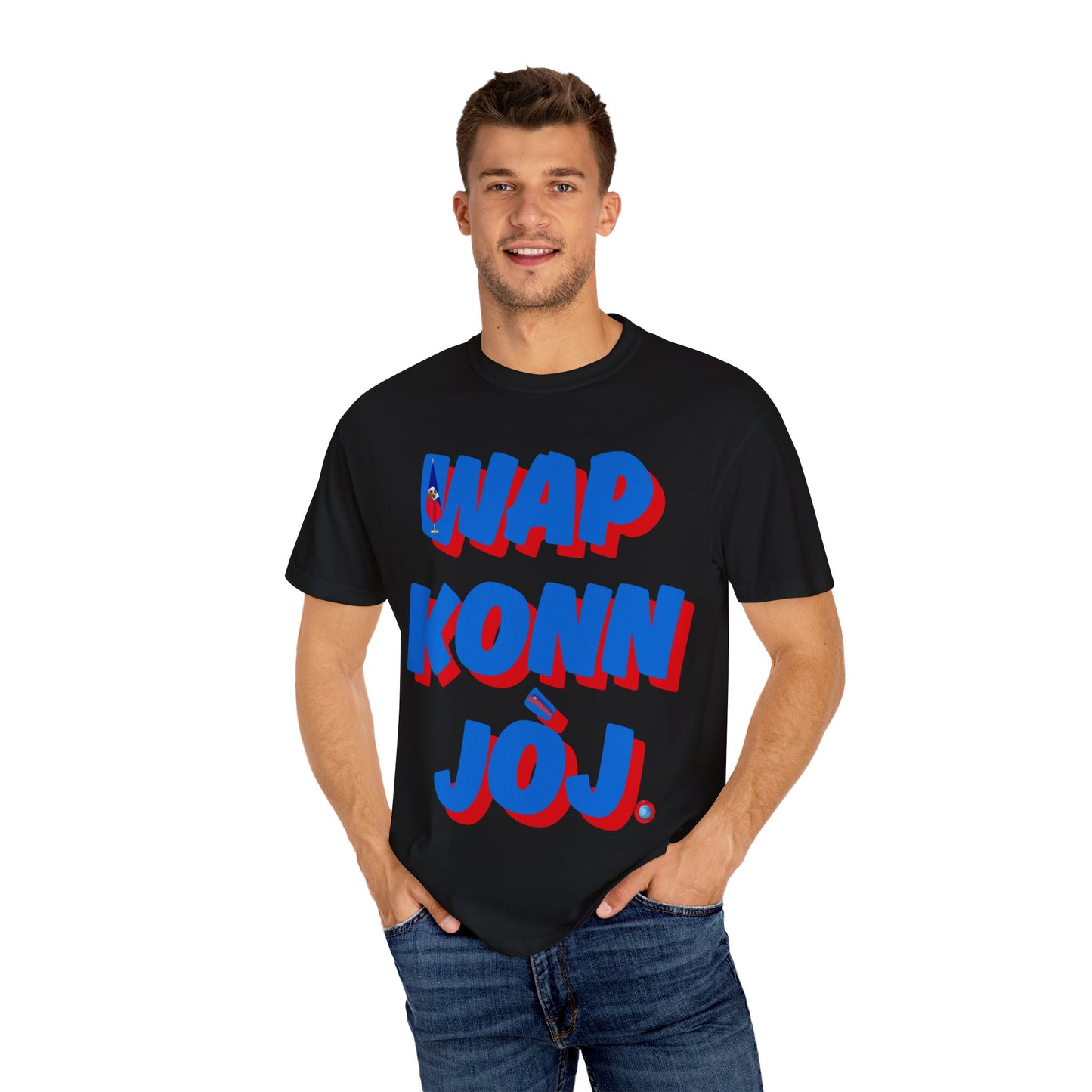 Colorful Unisex Garment-Dyed T-Shirt with Bold Text "WAP KONN JÔJ" - Perfect for Casual Outings and Celebrations