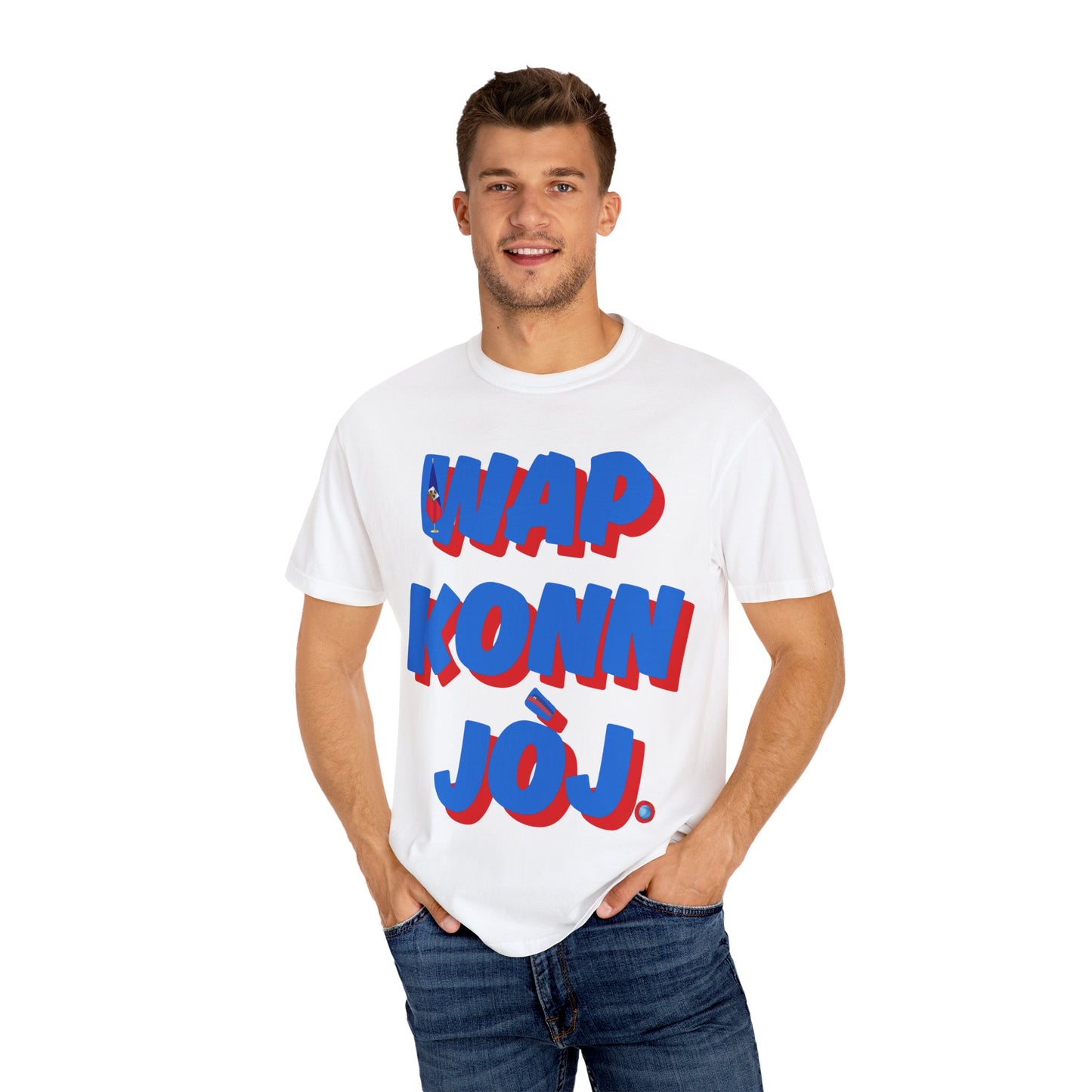 Colorful Unisex Garment-Dyed T-Shirt with Bold Text "WAP KONN JÔJ" - Perfect for Casual Outings and Celebrations