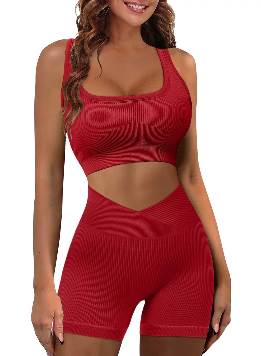 KISSMODA Women's Seamless Two-Piece Workout Set - Sleeveless Crop Top and High-Waisted Yoga Shorts