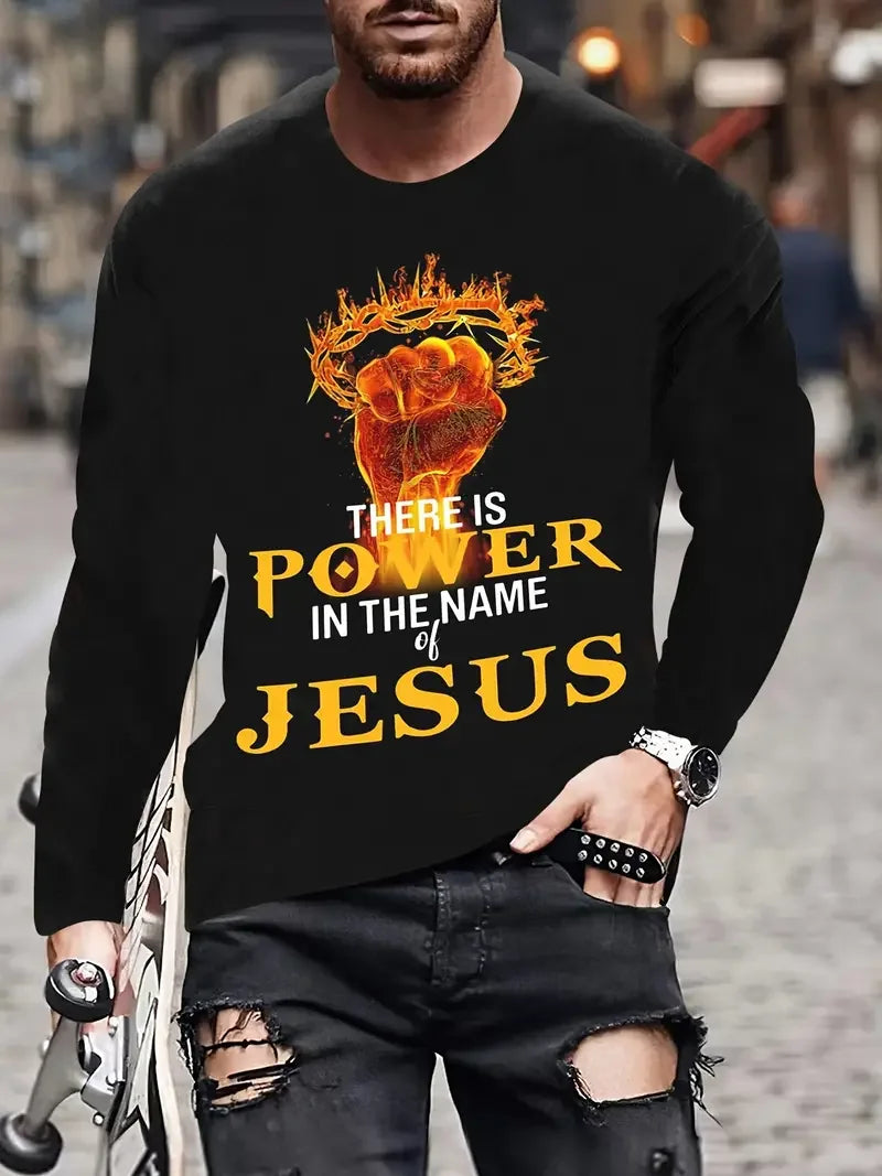 Christian Letter Pattern JESUS Vintage Men's T-Shirt Long Sleeve Crew Neck 3D Printed T-Shirt Sports Oversized Men Clothing