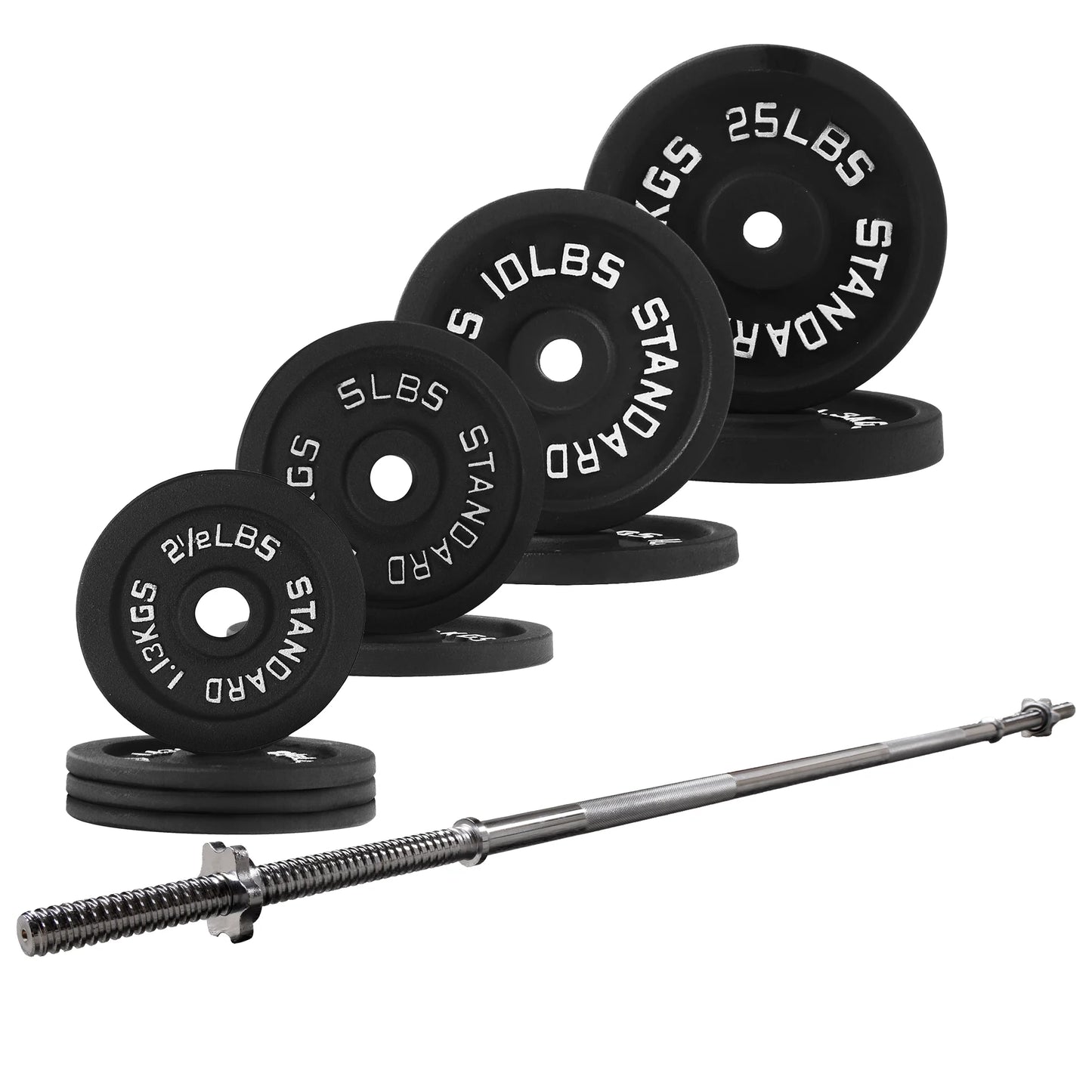 Balancefrom Cast Iron Standard Weight Including 5FT Sectional Standard Barbell with Star Locks, 85-Pound Set