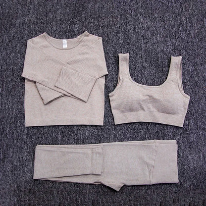 Women's Seamless Yoga Set - Athletic Workout Clothes with Long Sleeve Crop Top and Leggings