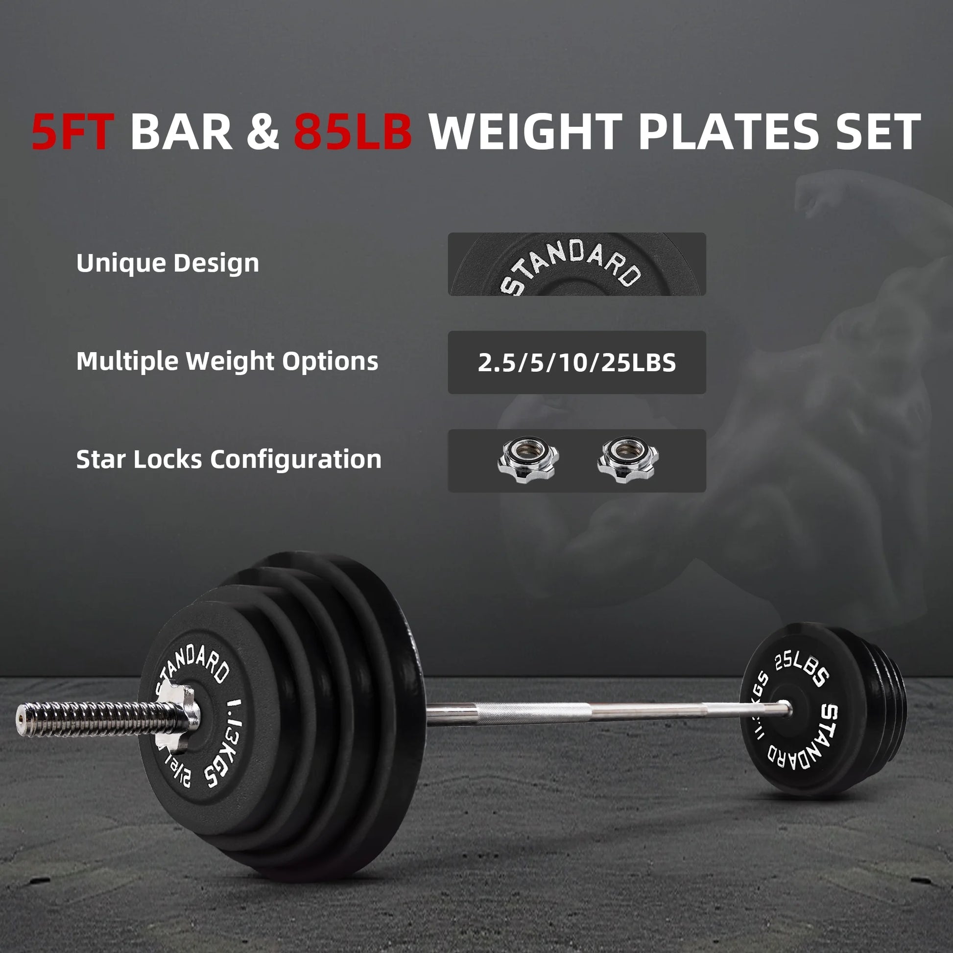 Balancefrom Cast Iron Standard Weight Including 5FT Sectional Standard Barbell with Star Locks, 85-Pound Set