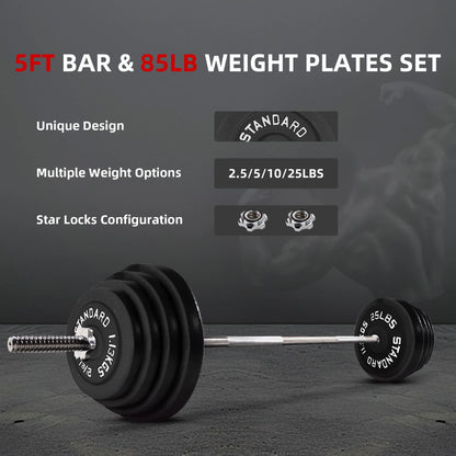 Balancefrom Cast Iron Standard Weight Including 5FT Sectional Standard Barbell with Star Locks, 85-Pound Set