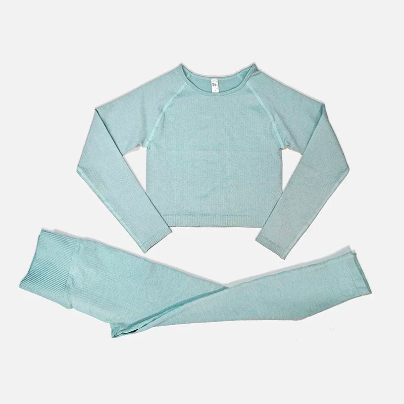 Women's Seamless Yoga Set - Athletic Workout Clothes with Long Sleeve Crop Top and Leggings