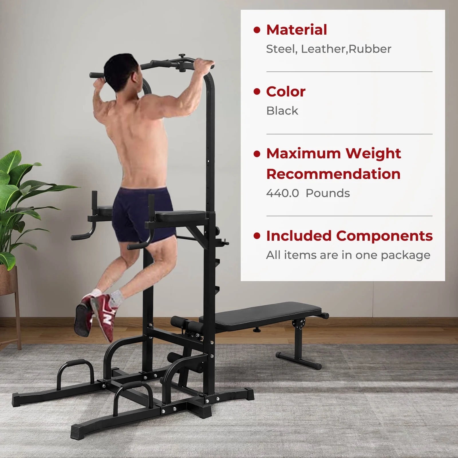 PROHIKER Adjustable Power Tower with Detachable Weight Bench and Pull-Up Bar for Home Fitness Training, Black