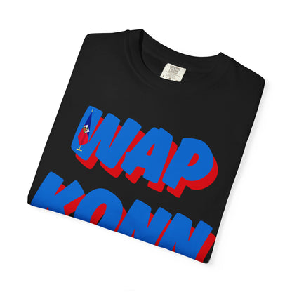 Colorful Unisex Garment-Dyed T-Shirt with Bold Text "WAP KONN JÔJ" - Perfect for Casual Outings and Celebrations