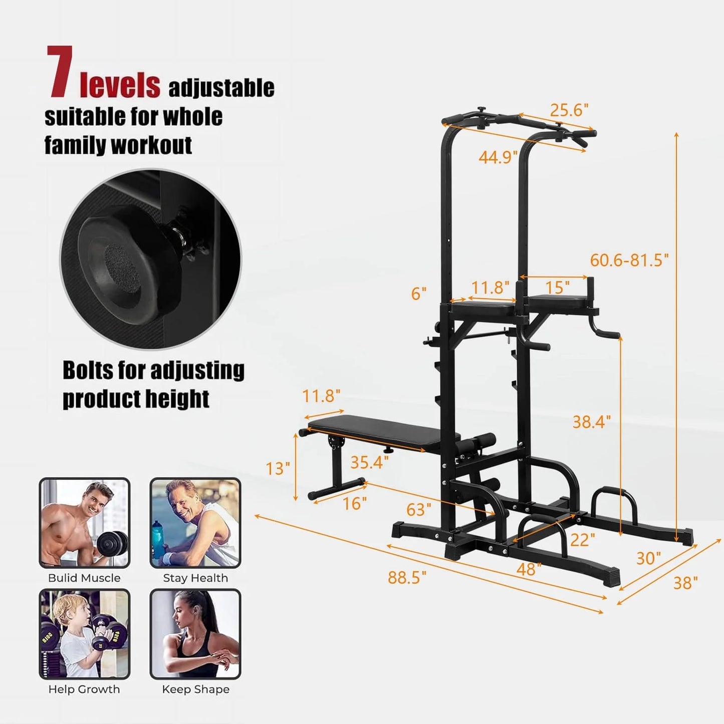PROHIKER Adjustable Power Tower with Detachable Weight Bench and Pull-Up Bar for Home Fitness Training, Black