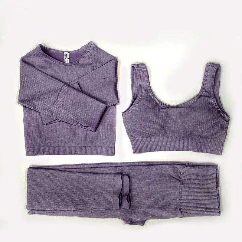 Women's Seamless Yoga Set - Athletic Workout Clothes with Long Sleeve Crop Top and Leggings
