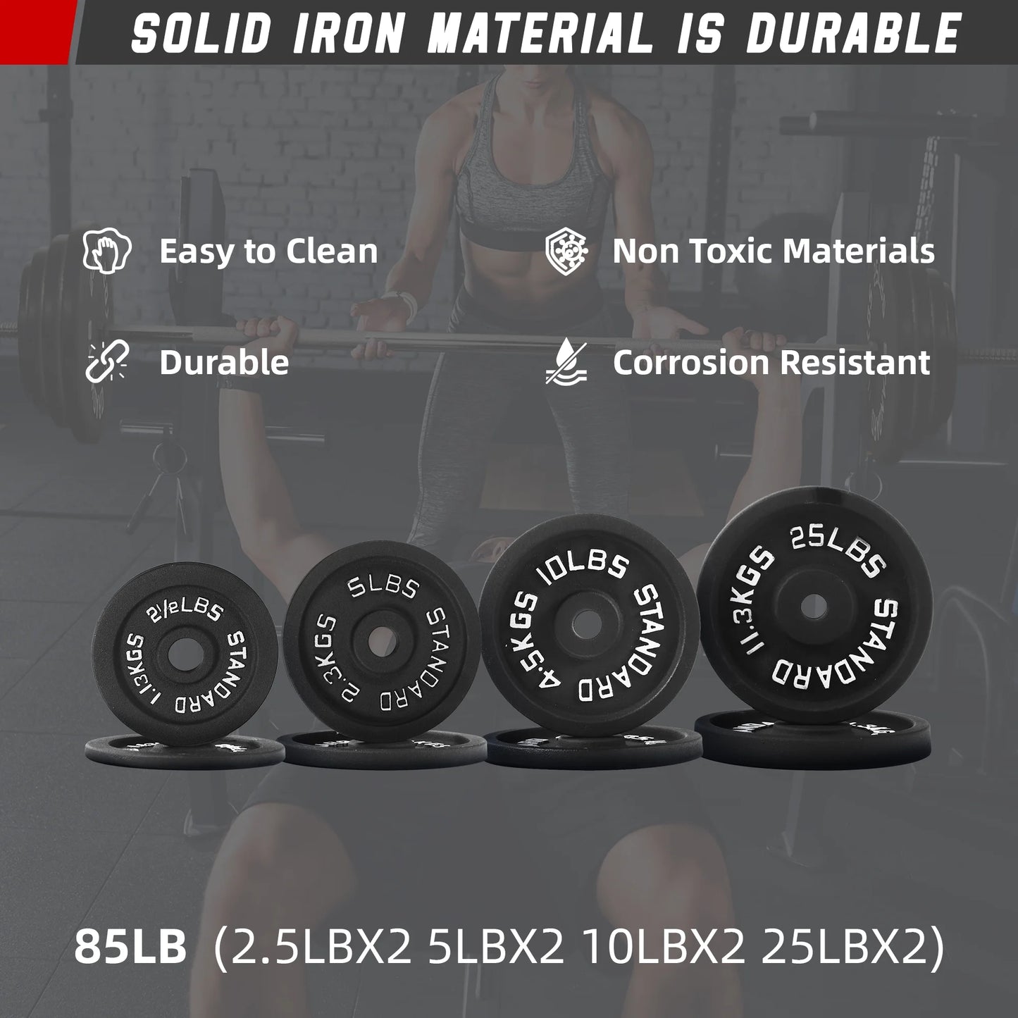 Balancefrom Cast Iron Standard Weight Including 5FT Sectional Standard Barbell with Star Locks, 85-Pound Set