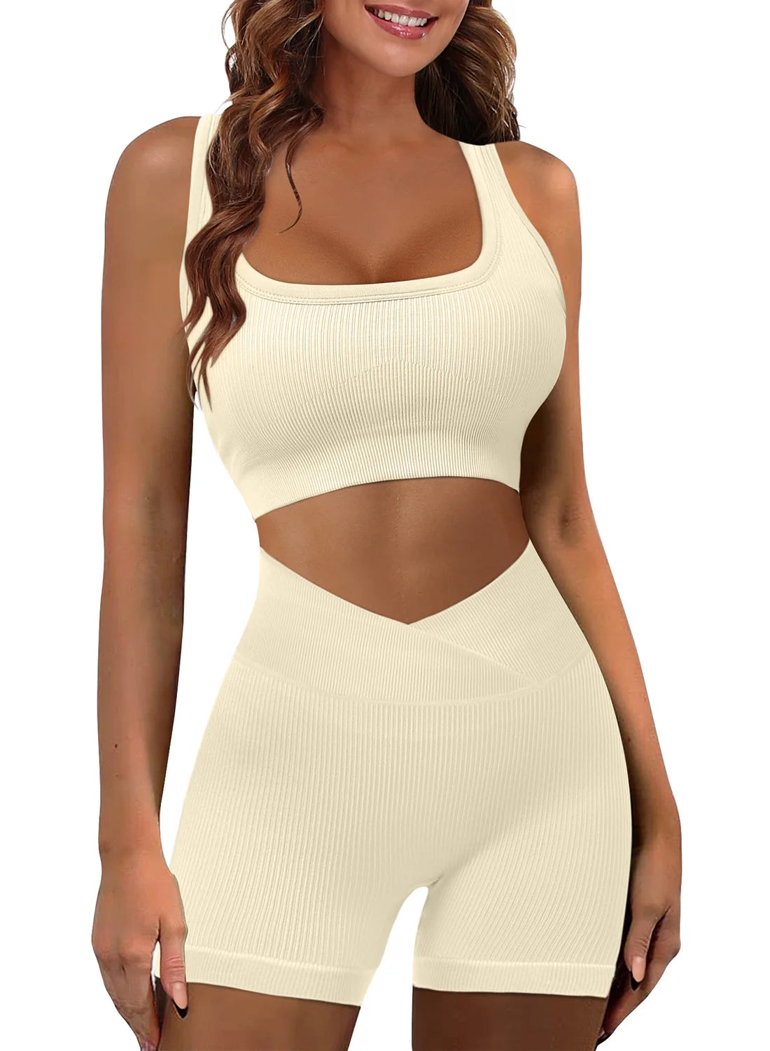 KISSMODA Women's Seamless Two-Piece Workout Set - Sleeveless Crop Top and High-Waisted Yoga Shorts