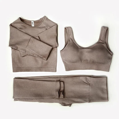 Women's Seamless Yoga Set - Athletic Workout Clothes with Long Sleeve Crop Top and Leggings