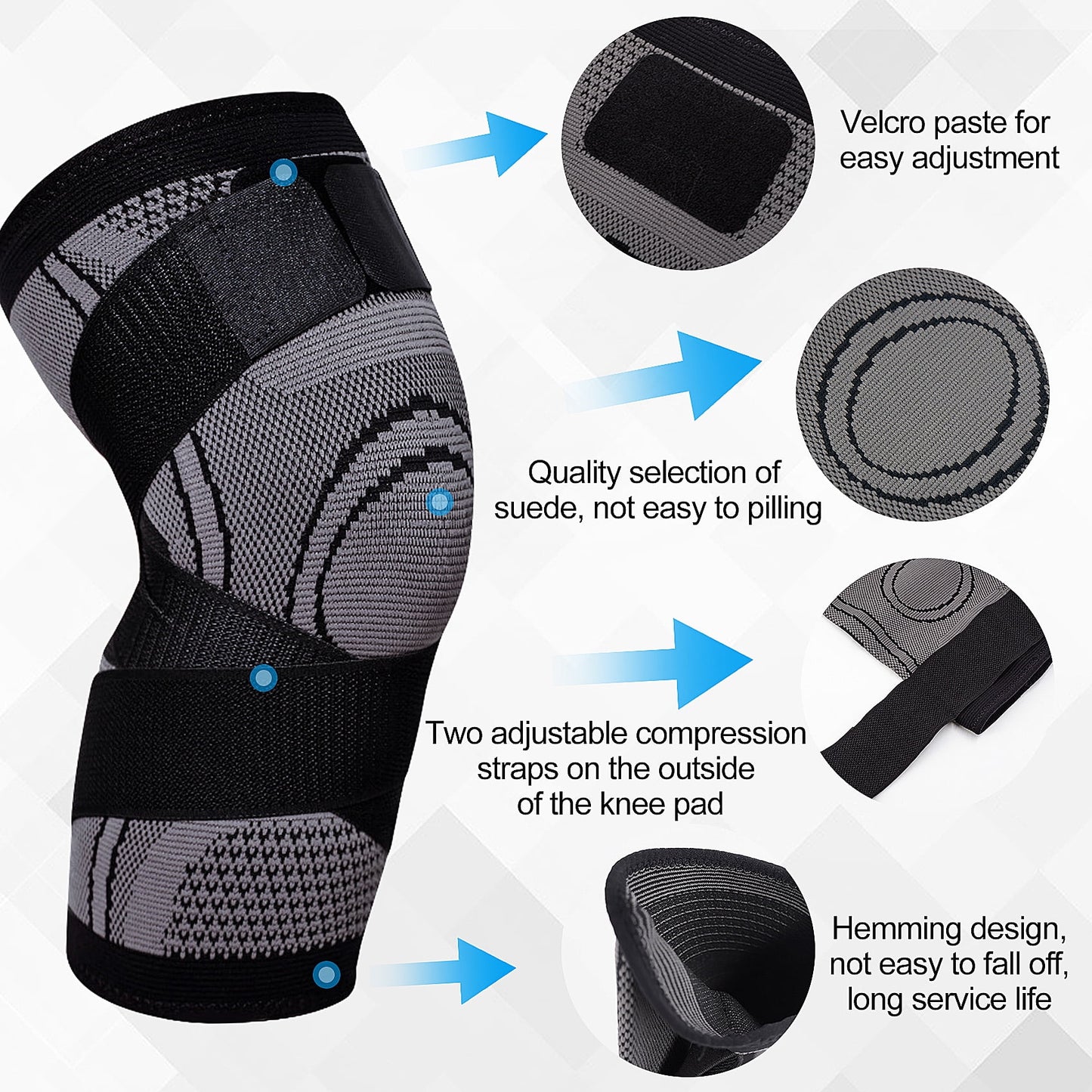 Huryfox 2 Pack Knee Brace, 1 Pair Compression Knee Sleeves for Women & Men, Breathable Joint Pain Relief Knee Support (Gray XXL)