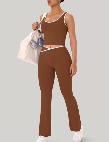 Womens Workout Sets 2 Piece Flare Leggings Contrast Top