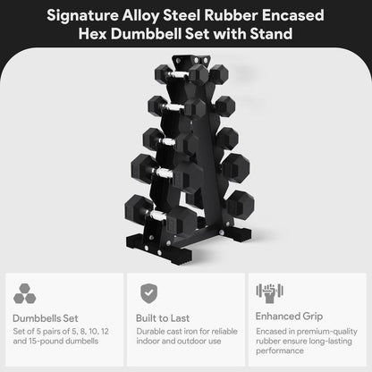 Balancefrom Signature Alloy Steel Fitness Rubber Encased Hex Dumbbell Set, Black