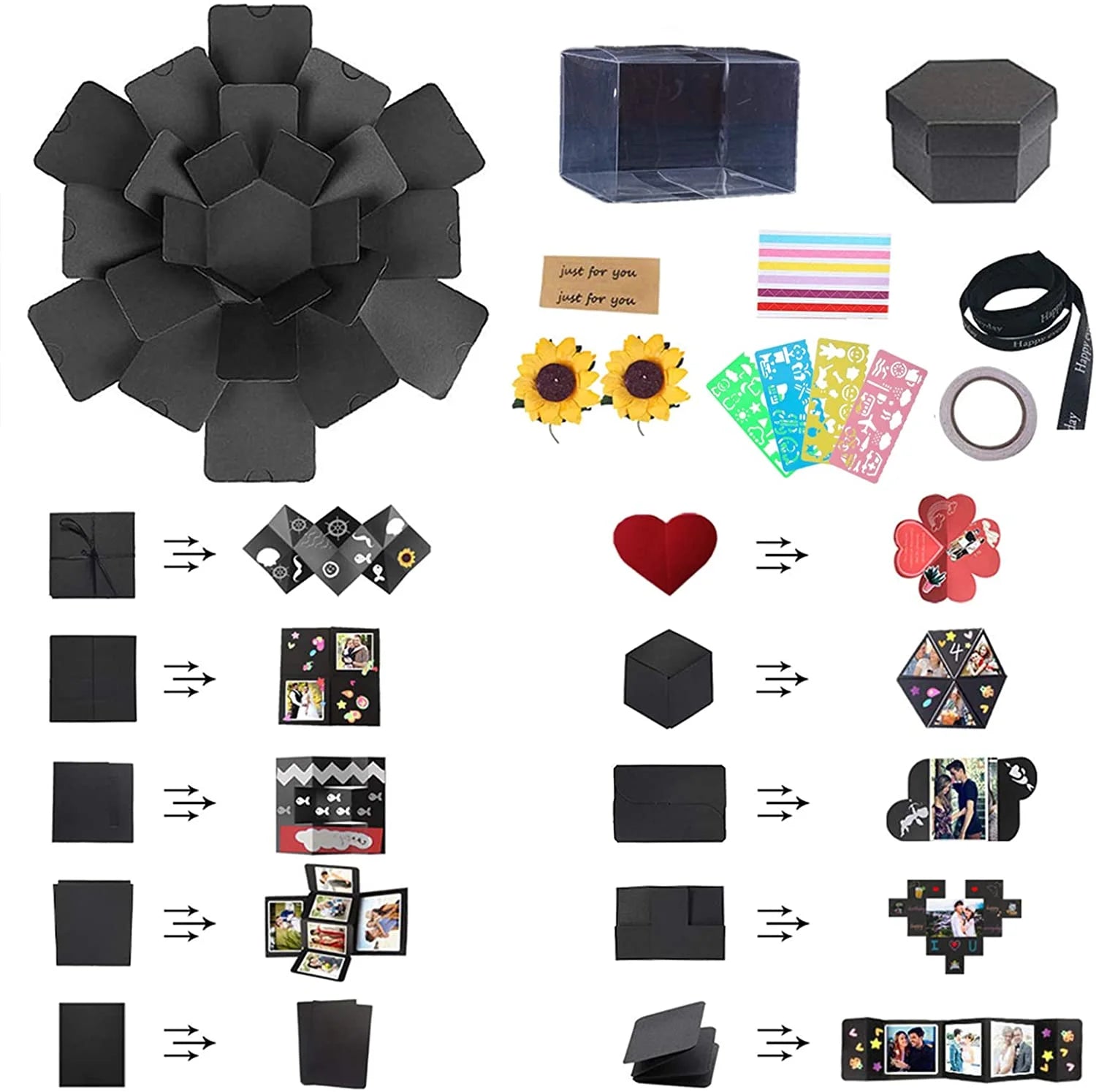 RECUTMS Black Explosion Box DIY Handmade Photo Album,Gift Box with 6 Faces for Wedding
