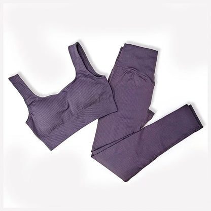 Women's Seamless Yoga Set - Athletic Workout Clothes with Long Sleeve Crop Top and Leggings
