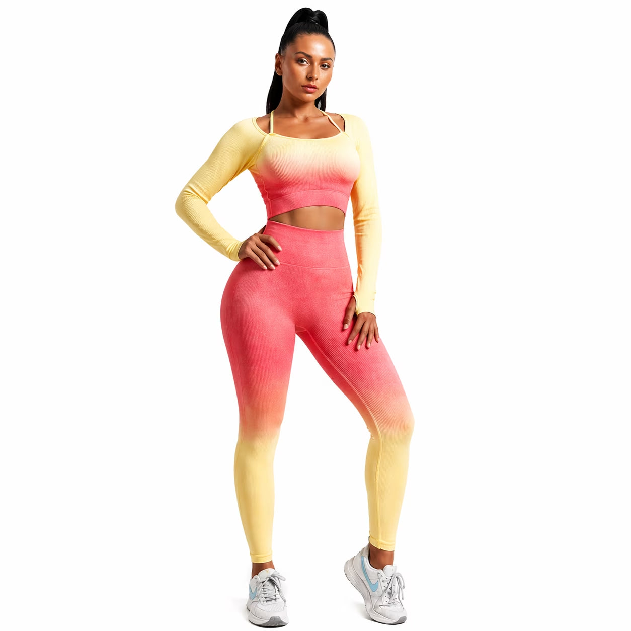 CORPOAMOR Women's Seamless Ombre 2-Piece Workout Set: High-Waisted Leggings and Crop Top Yoga Ensemble