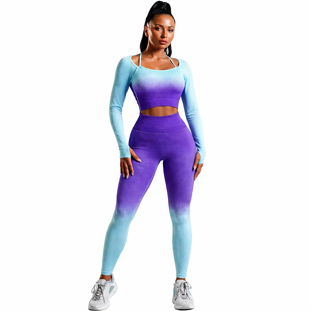CORPOAMOR Women's Seamless Ombre 2-Piece Workout Set: High-Waisted Leggings and Crop Top Yoga Ensemble