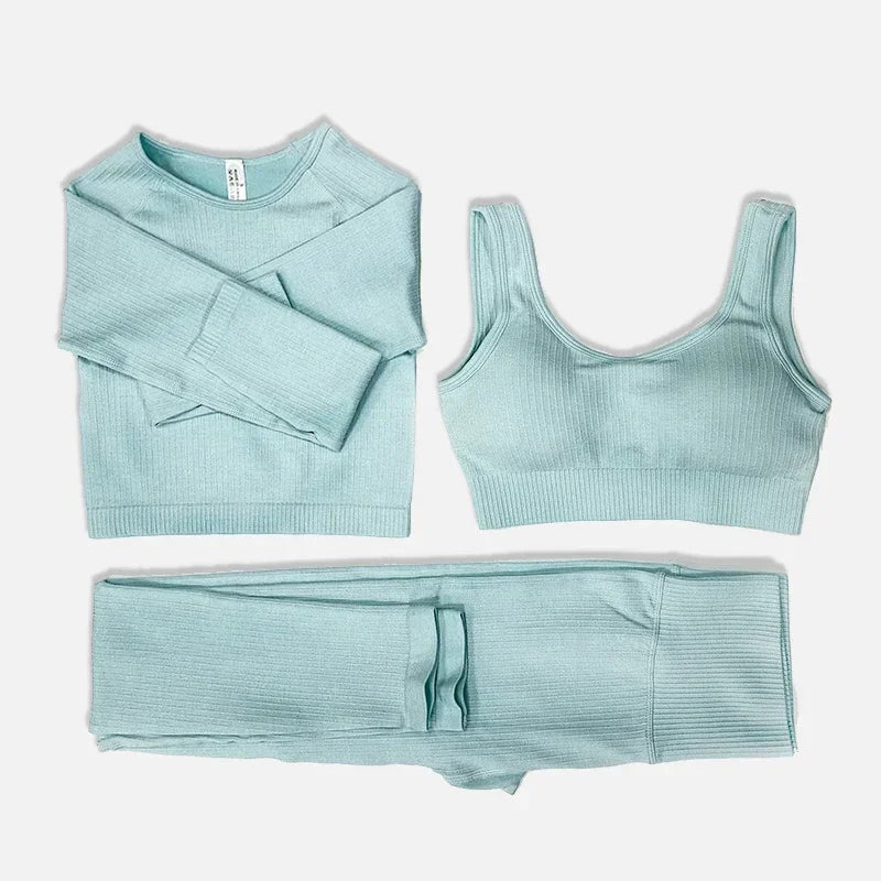 Women's Seamless Yoga Set - Athletic Workout Clothes with Long Sleeve Crop Top and Leggings