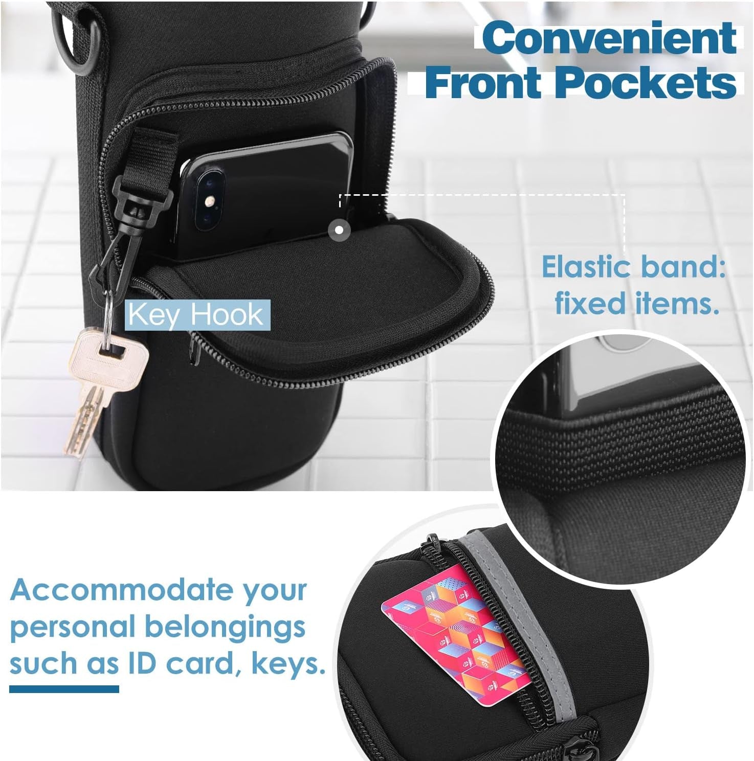 Water Bottle Carrier Bag,25Oz/40Oz/64Oz Bottle Pouch Holder,Adjustable Shoulder Hand Strap 2 Pocket Sling Neoprene Sleeve Sports Accessories for Hiking Travelling Camping