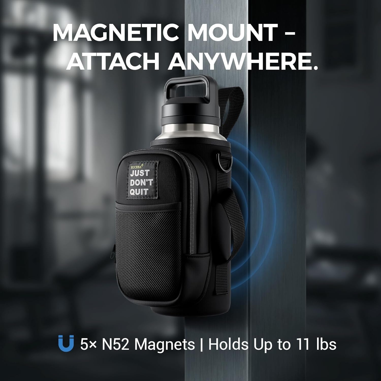 Magnetic Water Bottle Holder Bag with Phone Pocket for 24 32 40 Oz, 5 Strong Magnets Neoprene Water Bottle Carrier Adjustable Crossbody Strap Gym Ourdoor