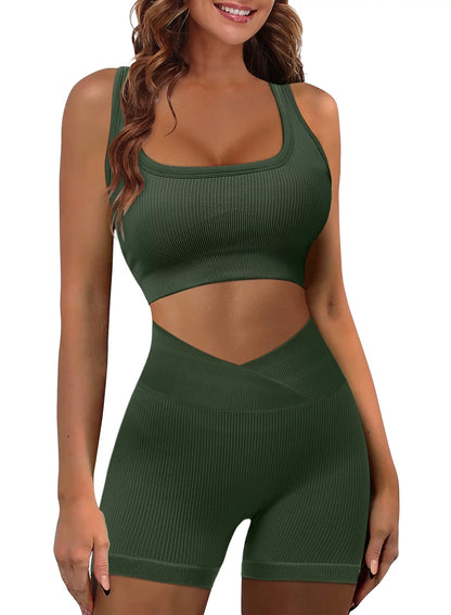 KISSMODA Women's Seamless Two-Piece Workout Set - Sleeveless Crop Top and High-Waisted Yoga Shorts