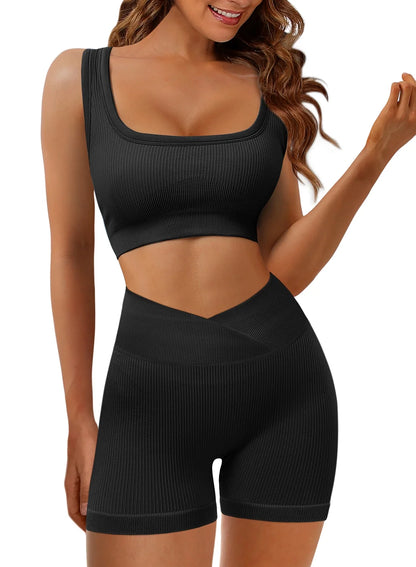 KISSMODA Women's Seamless Two-Piece Workout Set - Sleeveless Crop Top and High-Waisted Yoga Shorts