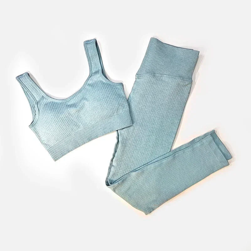 Women's Seamless Yoga Set - Athletic Workout Clothes with Long Sleeve Crop Top and Leggings