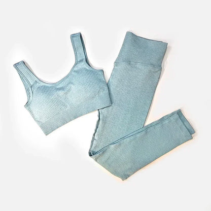 Women's Seamless Yoga Set - Athletic Workout Clothes with Long Sleeve Crop Top and Leggings