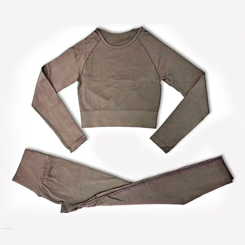 Women's Seamless Yoga Set - Athletic Workout Clothes with Long Sleeve Crop Top and Leggings