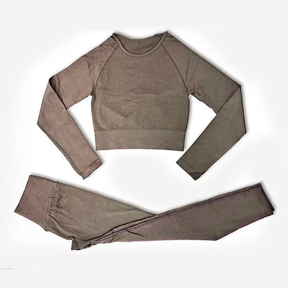 Women's Seamless Yoga Set - Athletic Workout Clothes with Long Sleeve Crop Top and Leggings