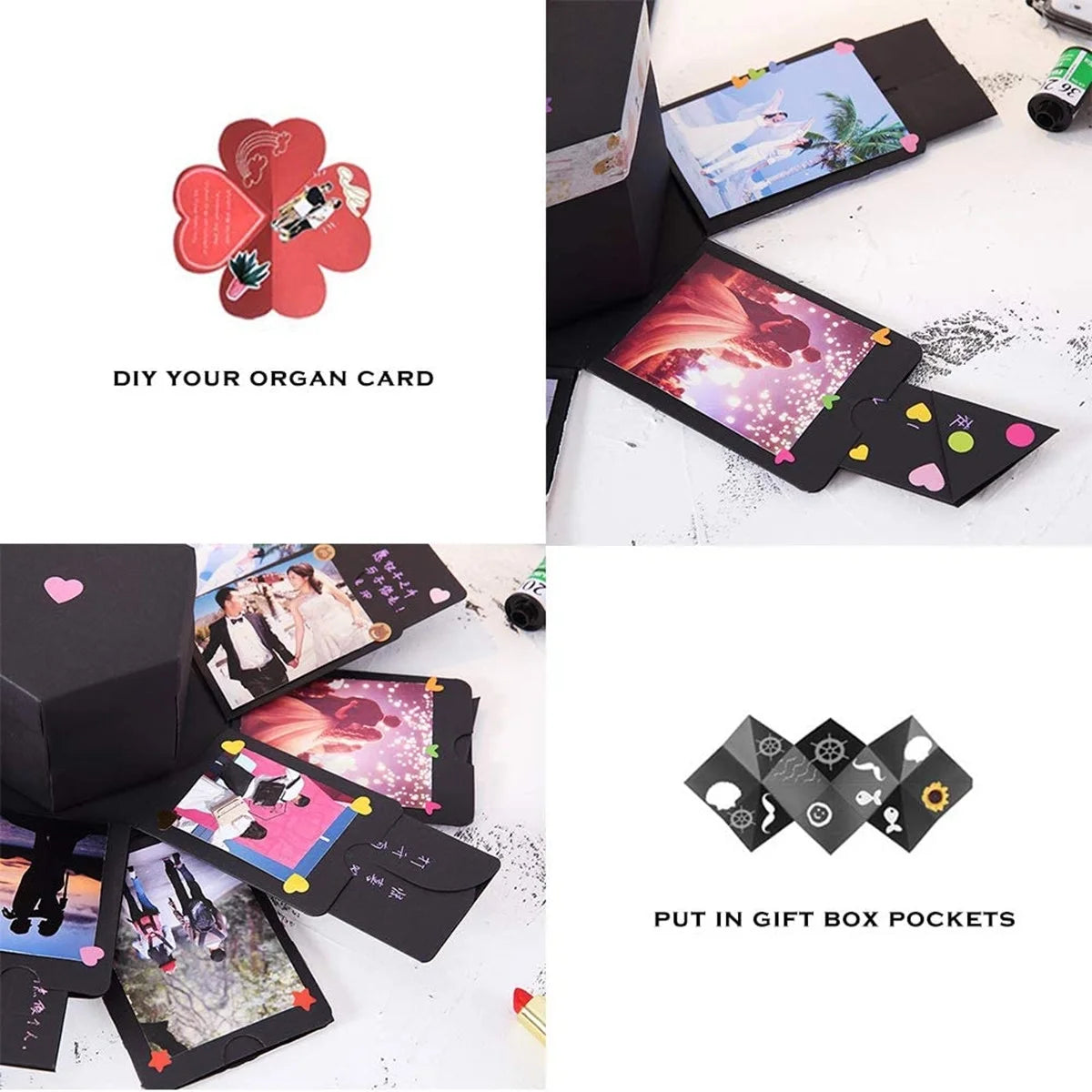RECUTMS Black Explosion Box DIY Handmade Photo Album,Gift Box with 6 Faces for Wedding