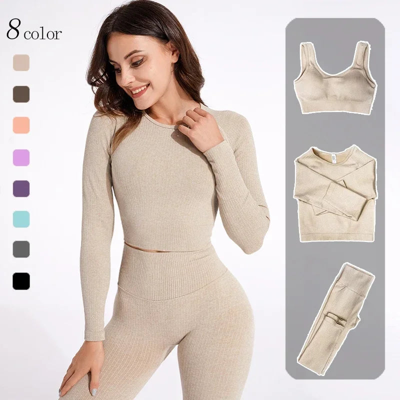 Women's Seamless Yoga Set - Athletic Workout Clothes with Long Sleeve Crop Top and Leggings