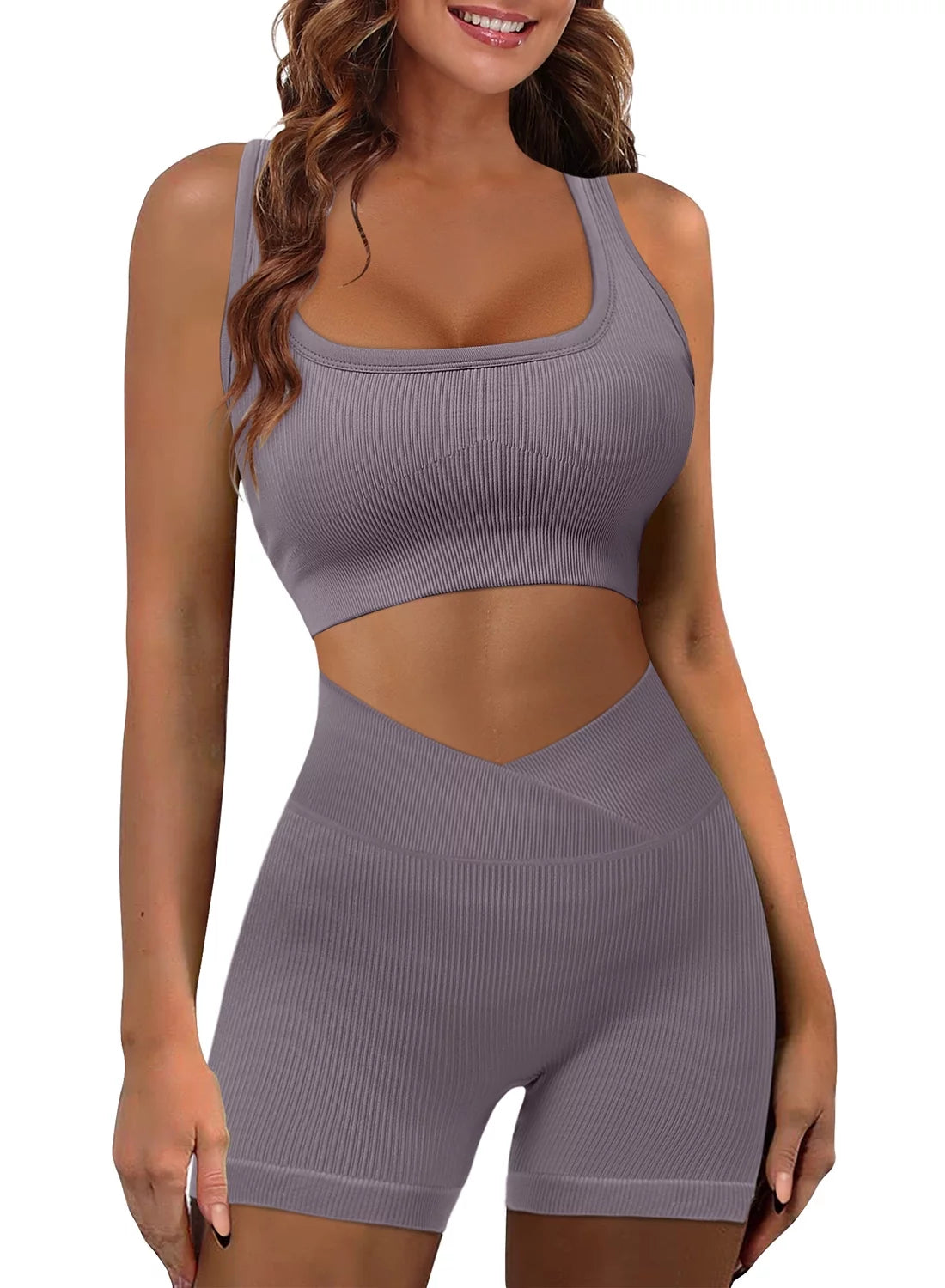 KISSMODA Women's Seamless Two-Piece Workout Set - Sleeveless Crop Top and High-Waisted Yoga Shorts