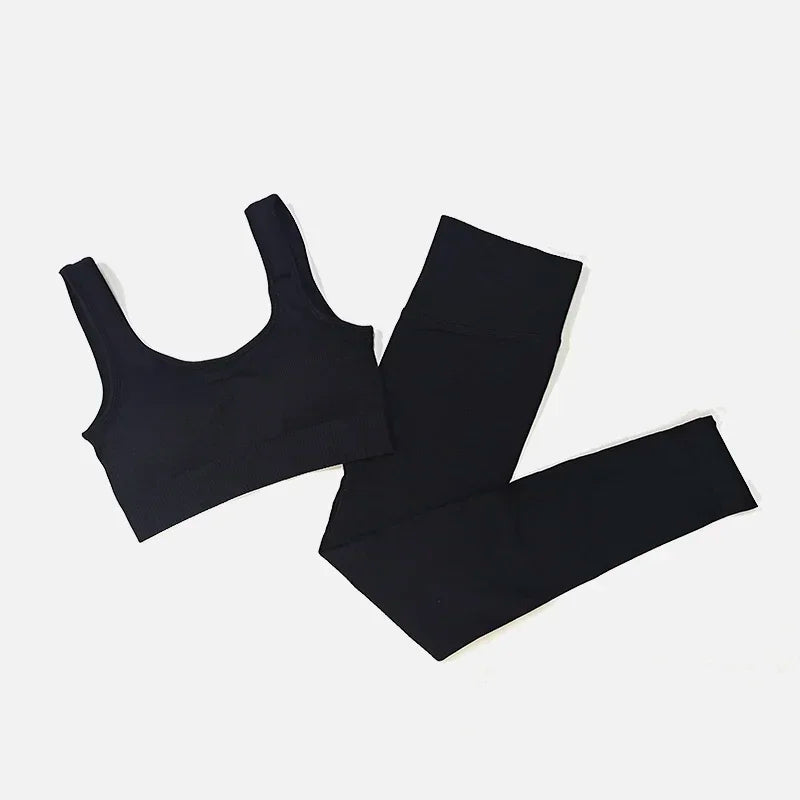 Women's Seamless Yoga Set - Athletic Workout Clothes with Long Sleeve Crop Top and Leggings