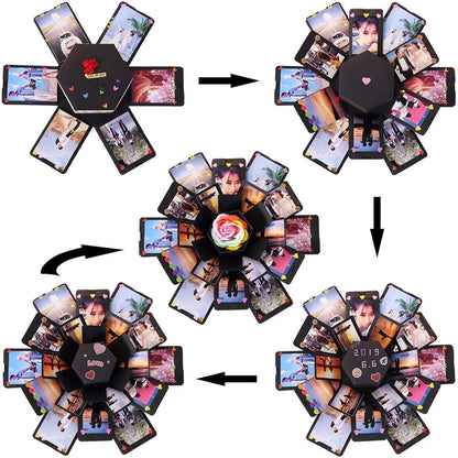 RECUTMS Black Explosion Box DIY Handmade Photo Album,Gift Box with 6 Faces for Wedding