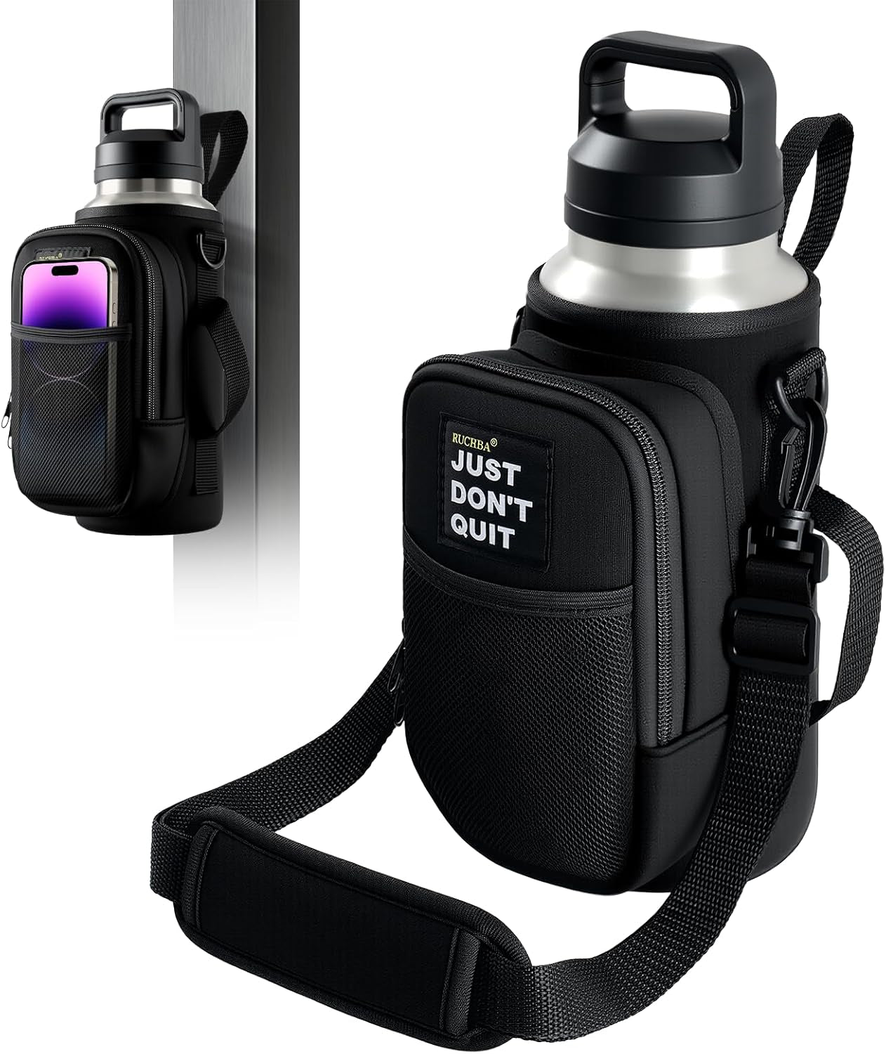 Magnetic Water Bottle Holder Bag with Phone Pocket for 24 32 40 Oz, 5 Strong Magnets Neoprene Water Bottle Carrier Adjustable Crossbody Strap Gym Ourdoor