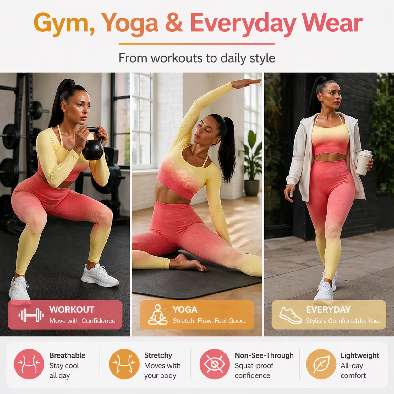 CORPOAMOR Women's Seamless Ombre 2-Piece Workout Set: High-Waisted Leggings and Crop Top Yoga Ensemble