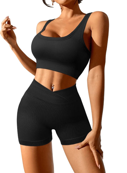 KISSMODA Women's Seamless Two-Piece Workout Set - Sleeveless Crop Top and High-Waisted Yoga Shorts