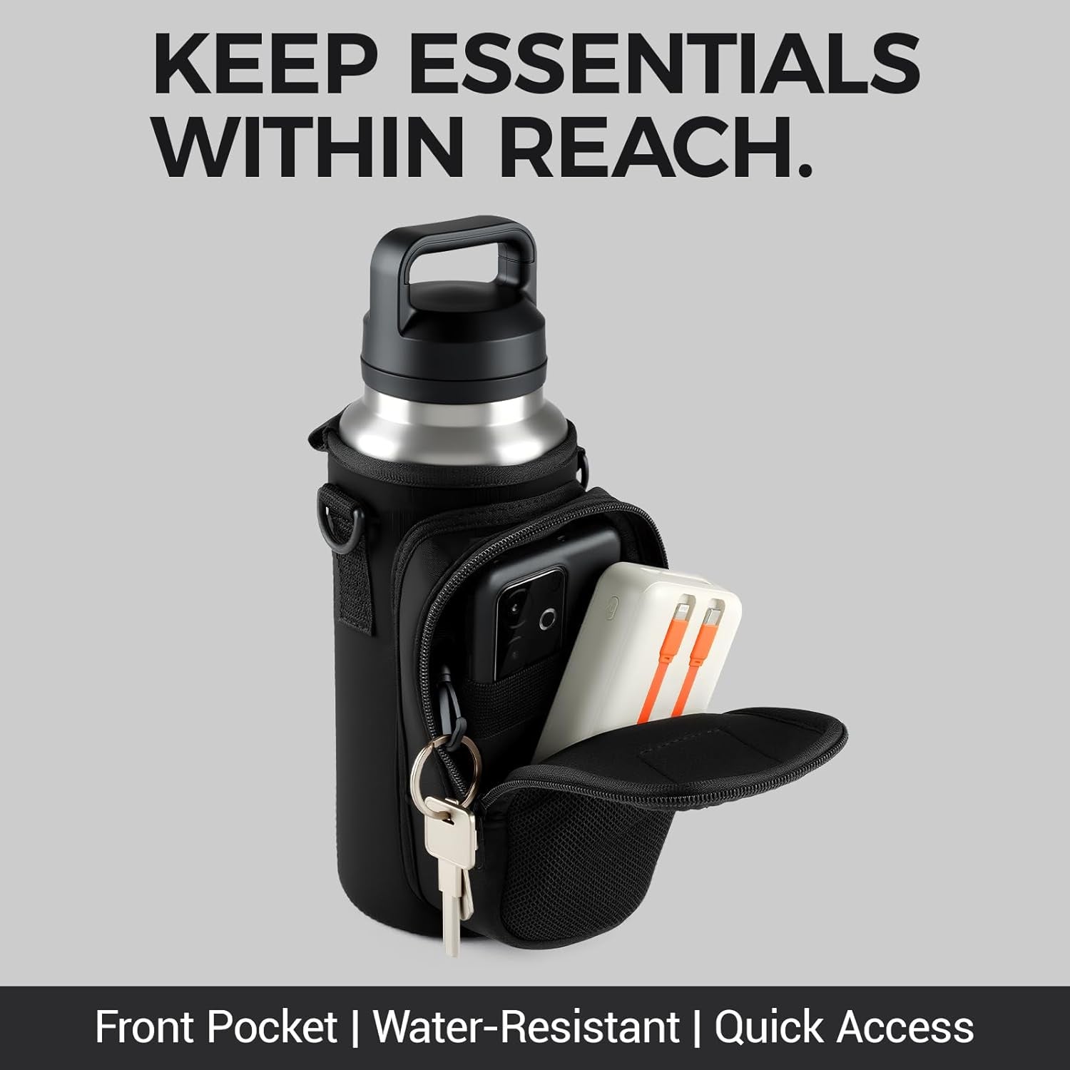 Magnetic Water Bottle Holder Bag with Phone Pocket for 24 32 40 Oz, 5 Strong Magnets Neoprene Water Bottle Carrier Adjustable Crossbody Strap Gym Ourdoor