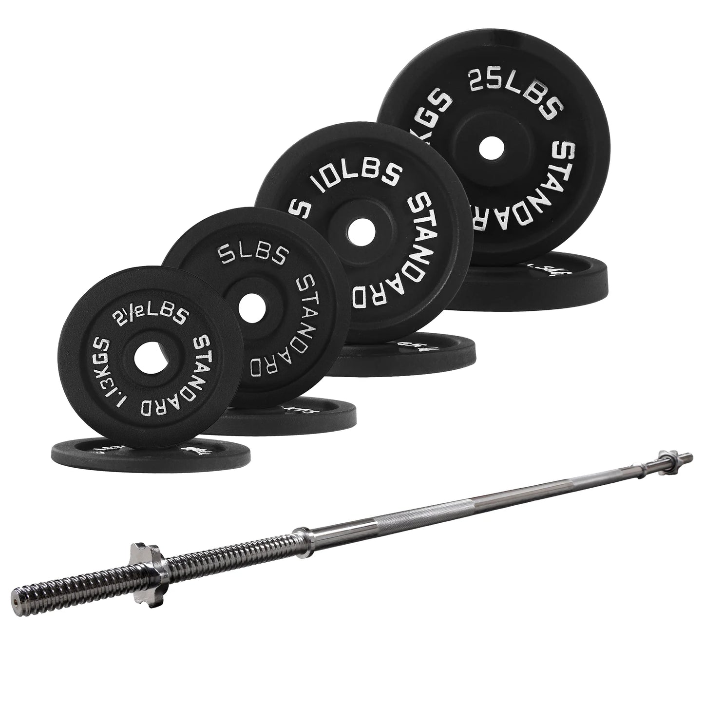 Balancefrom Cast Iron Standard Weight Including 5FT Sectional Standard Barbell with Star Locks, 85-Pound Set