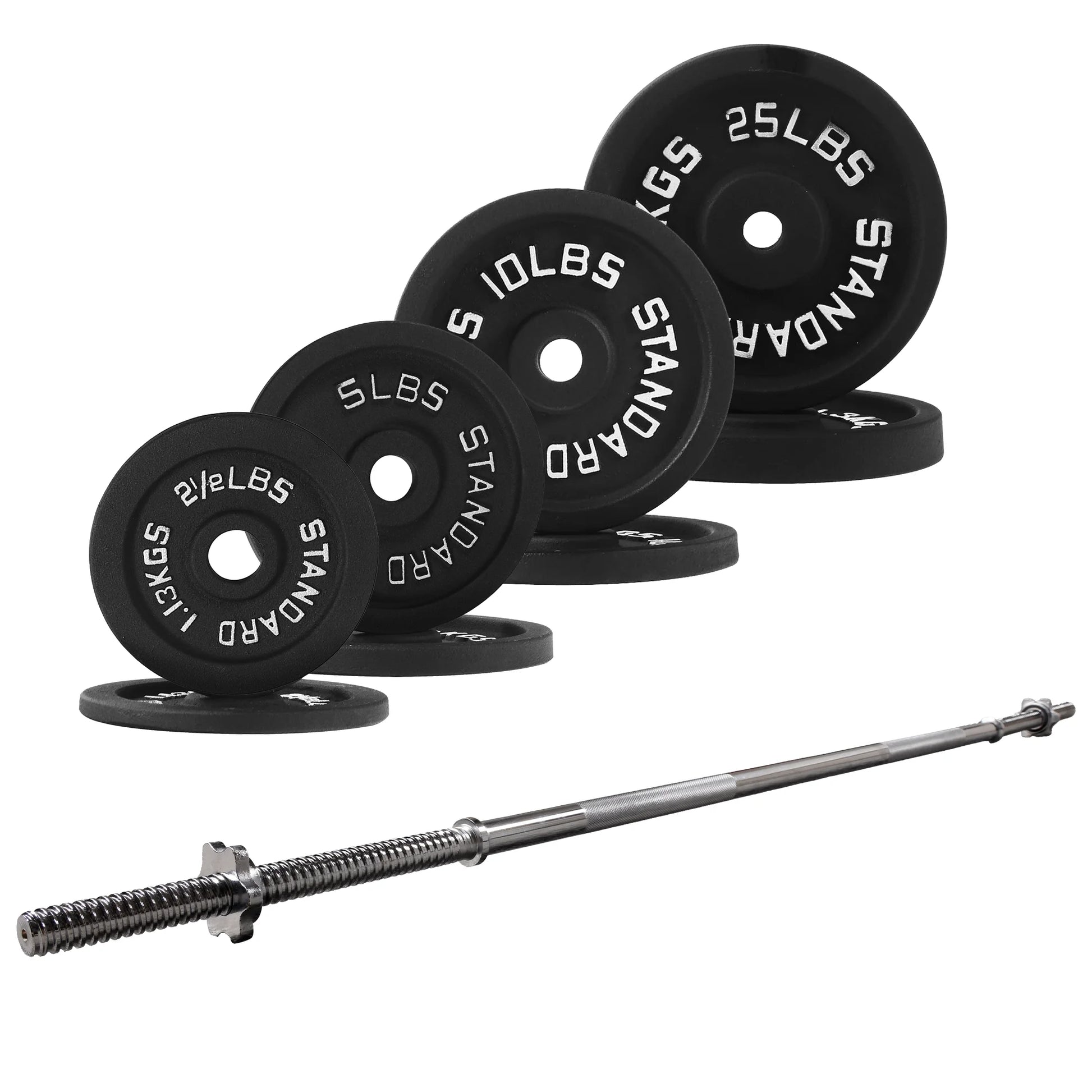 Balancefrom Cast Iron Standard Weight Including 5FT Sectional Standard Barbell with Star Locks, 85-Pound Set