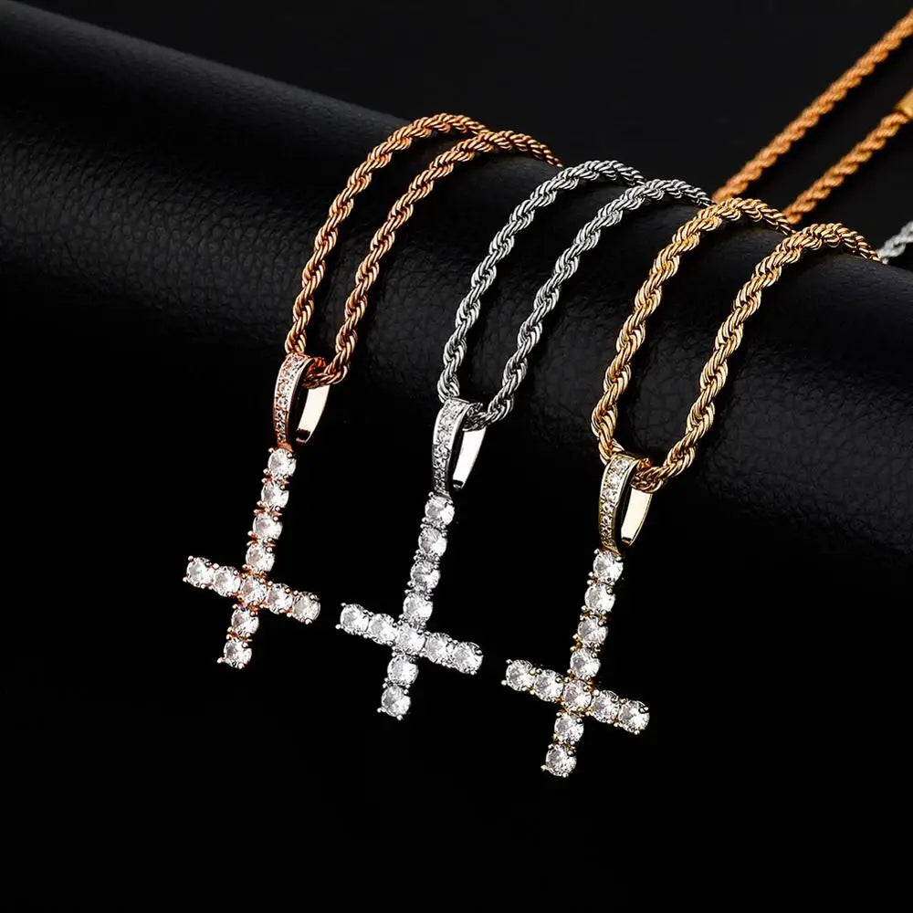 TOPGRILLZ New Upside Down CROSS Pendant High Quality Iced Out Cubic Zirconia Men's Necklace Hip Hop Fashion Jewelry For Gift