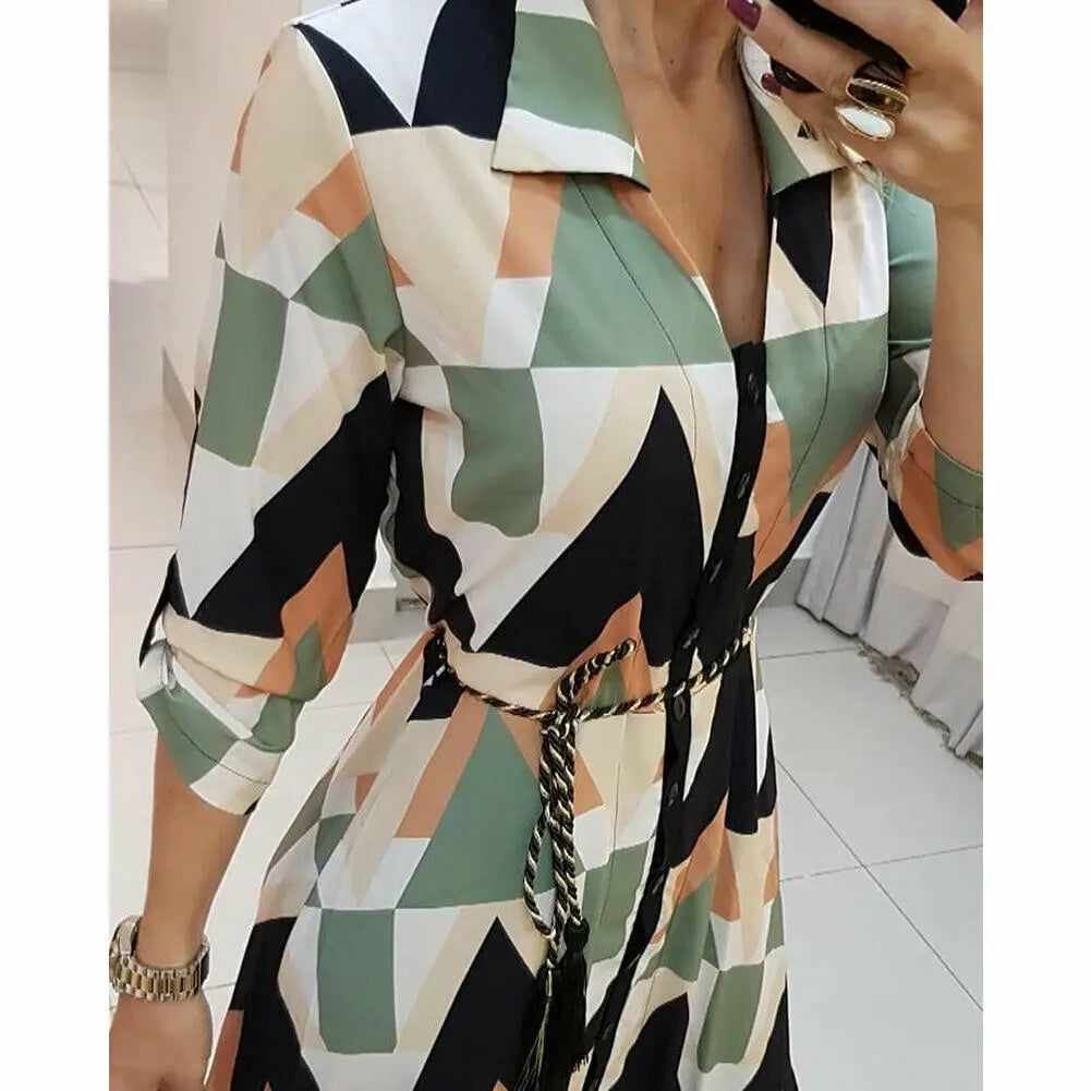 2020 Brand Women's Autumn Shirt Dress Lady Wave Print Long Sleeve V-neck Tunic Dress Holiday Midi Dress Plus Size Women Dress