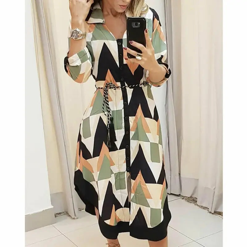 2020 Brand Women's Autumn Shirt Dress Lady Wave Print Long Sleeve V-neck Tunic Dress Holiday Midi Dress Plus Size Women Dress