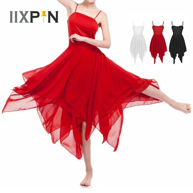 Women Ballet Dress ballerina gymnastic dress Adult Ballet Spaghetti Strap Sleeveless Asymmetric Chiffon Contemporary Dance Dress