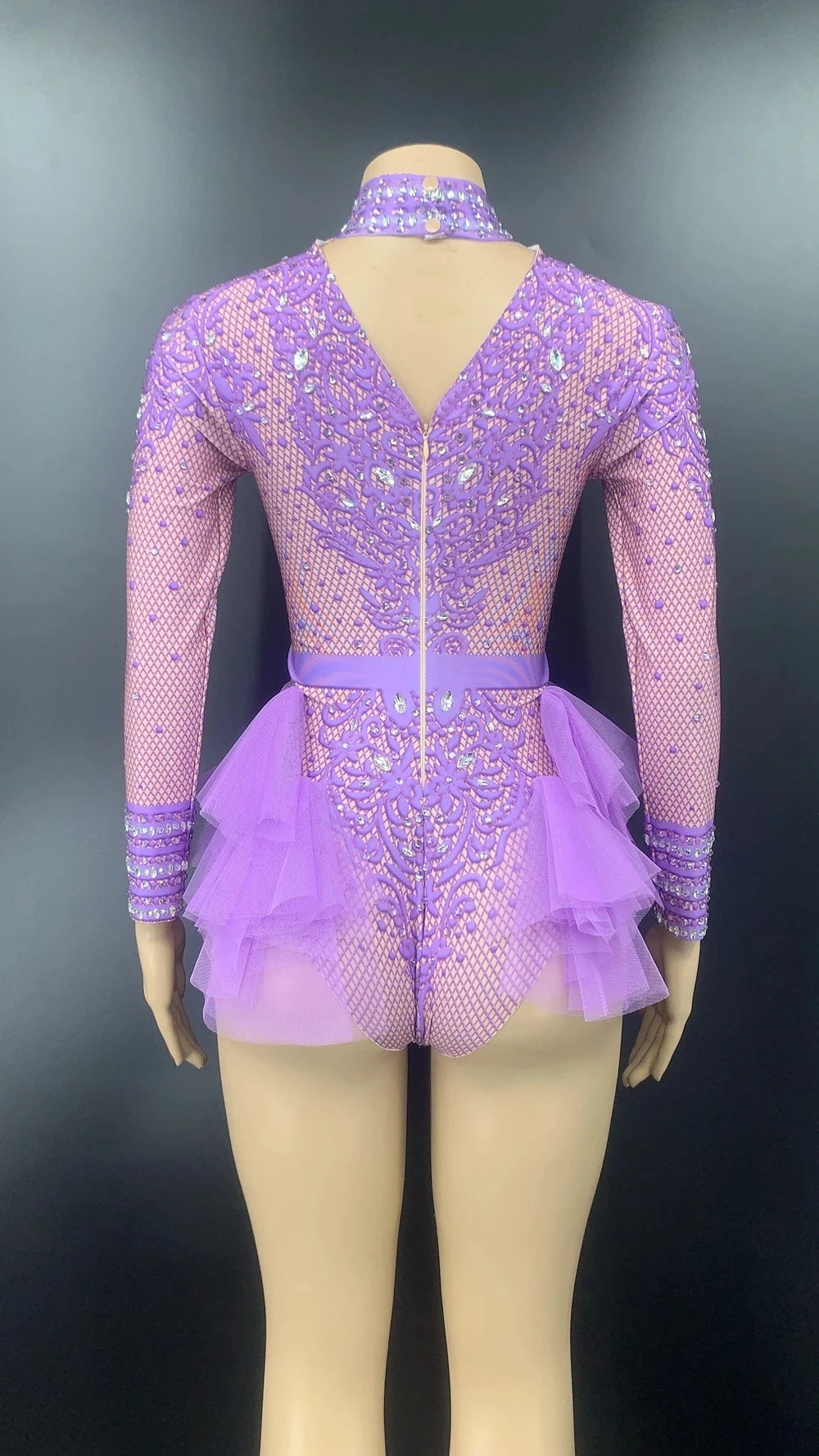 Sparkly Rhinestones Pink Lace Bodysuit Women Long Sleeve Birthday Party Outfit Dance Costume Sexy Show Performance Stage Wear