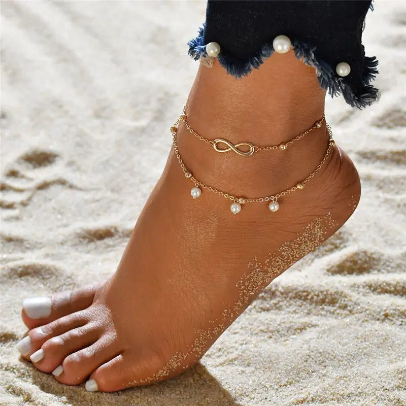 Boho Double Layer Pearl Anklets