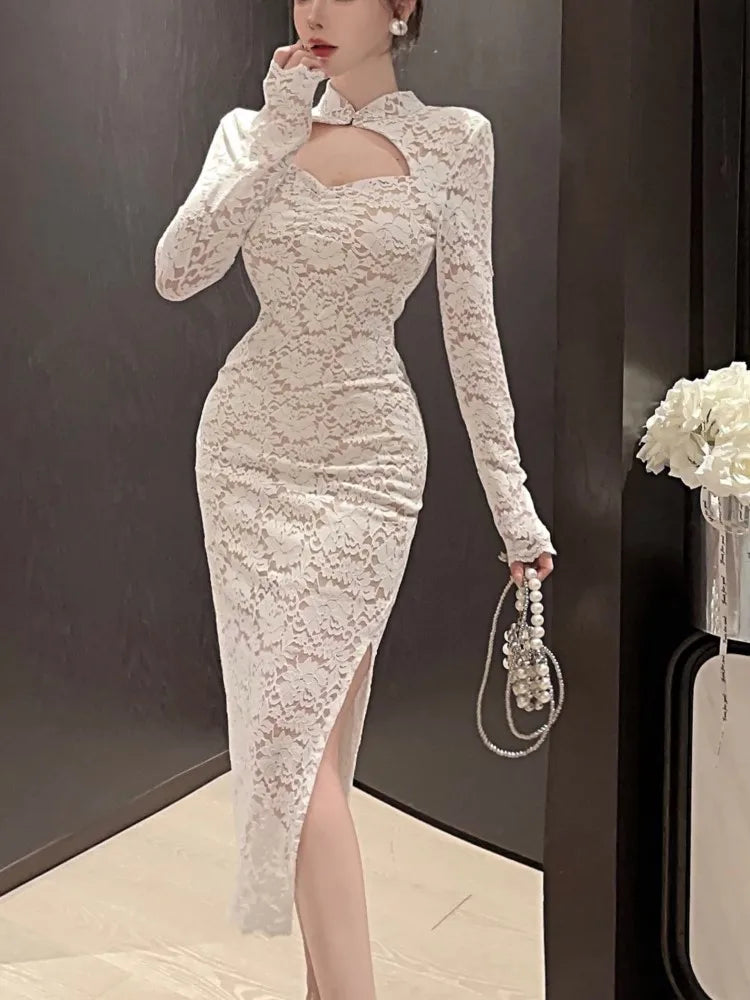 Elegant Long Sleeves Party Dress for Women Sexy Chinese Style Lace Cheongsam Autumn One Piece Slim Party Prom Vestido Mujers New